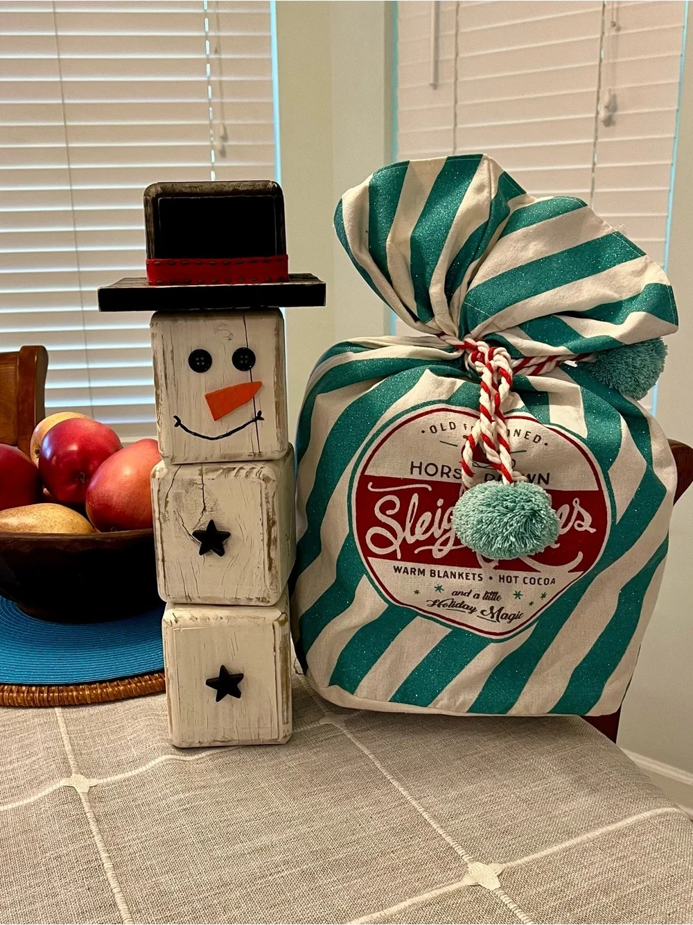 Holiday Gift Bundle-Wooden Custom made Snowman & Teal Stripe Holiday Gift Bag